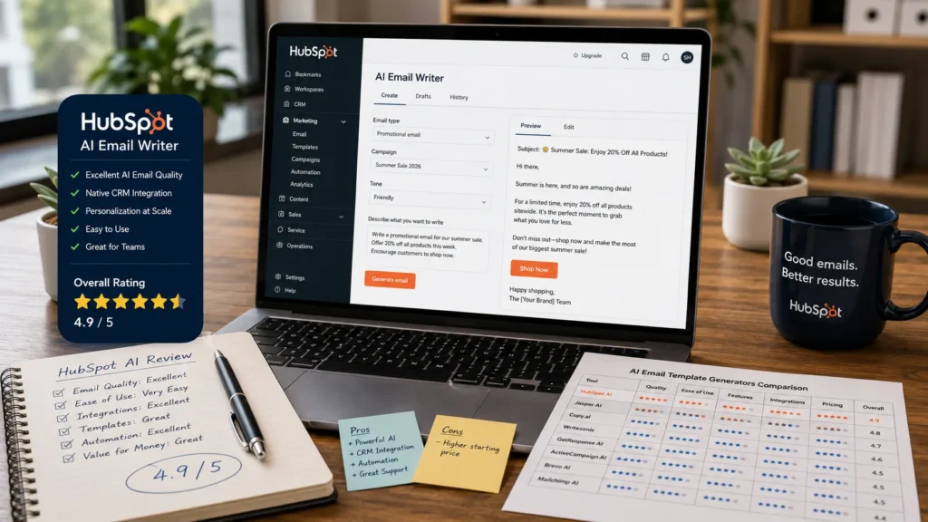 HubSpot AI Email Writer dashboard displayed on a modern workspace, showcasing AI-generated email templates and CRM-powered email creation.