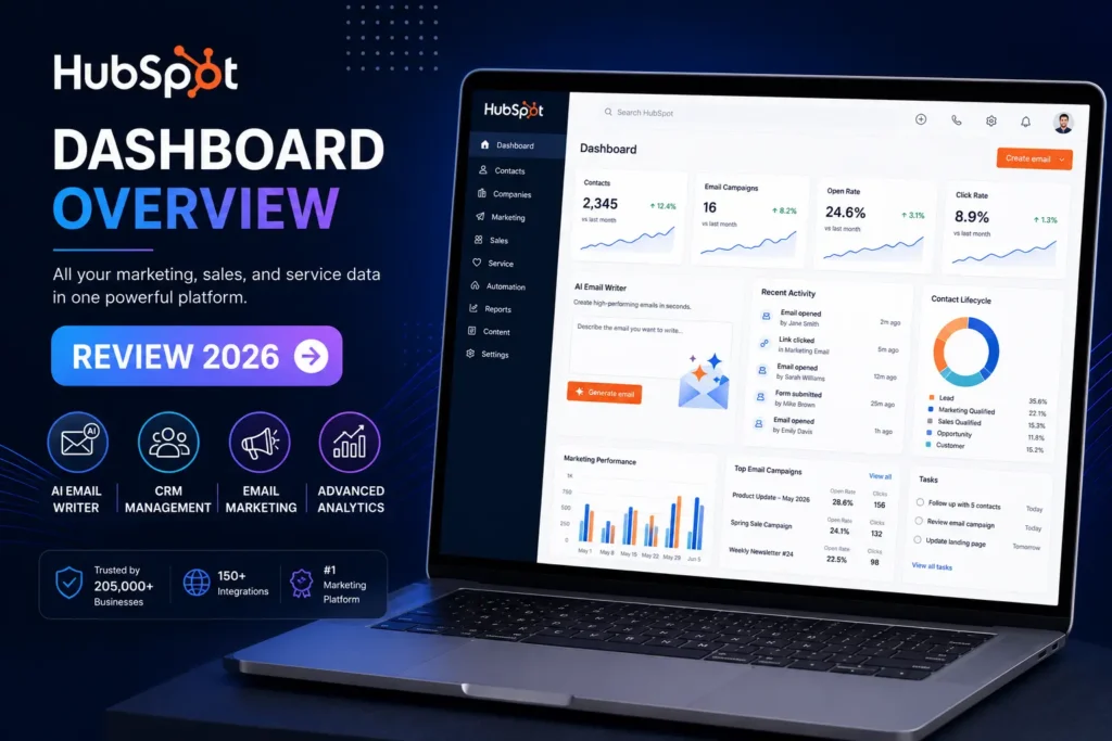 HubSpot AI Email Writer dashboard showing AI-powered email creation, CRM integration, email marketing tools, analytics, and review highlights for 2026.