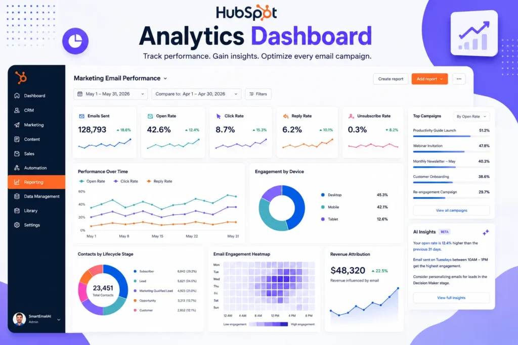 HubSpot Analytics Dashboard displaying email marketing performance metrics, campaign reports, open rates, click-through rates, customer lifecycle analytics, revenue attribution, and AI-powered insights.