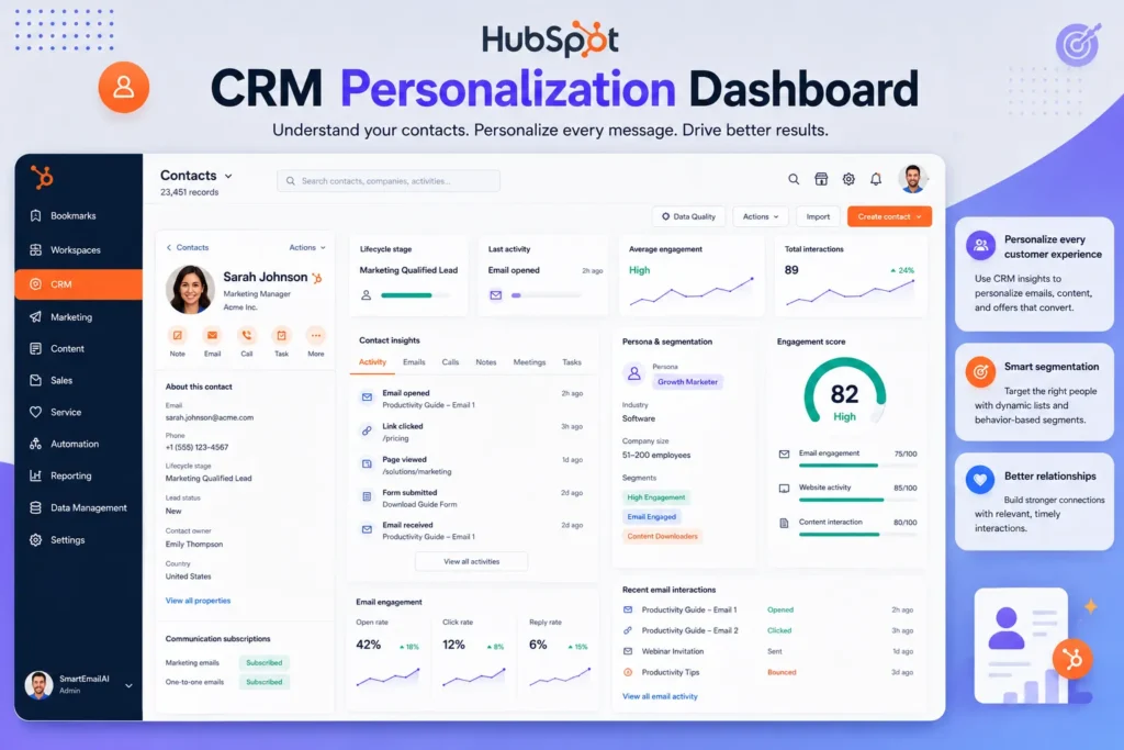HubSpot CRM Personalization Dashboard displaying customer profiles, lifecycle stages, audience segmentation, engagement scores, AI-powered personalization, and contact insights.
