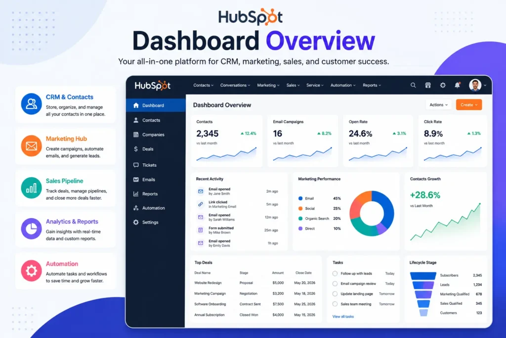 HubSpot dashboard overview displaying AI Email Writer, CRM contacts, email campaigns, marketing analytics, recent activity, and customer lifecycle management.