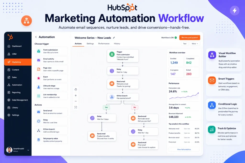 HubSpot Marketing Automation Workflow showing automated email sequences, workflow builder, smart triggers, conditional logic, CRM-based automation, and campaign performance analytics.
