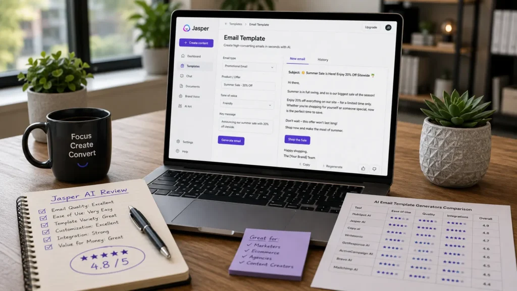 Jasper AI generating professional email templates on a modern workspace for marketing campaigns and business communication.