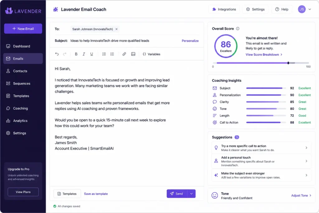 Lavender AI email coaching dashboard providing real-time sales email optimization and reply rate recommendations