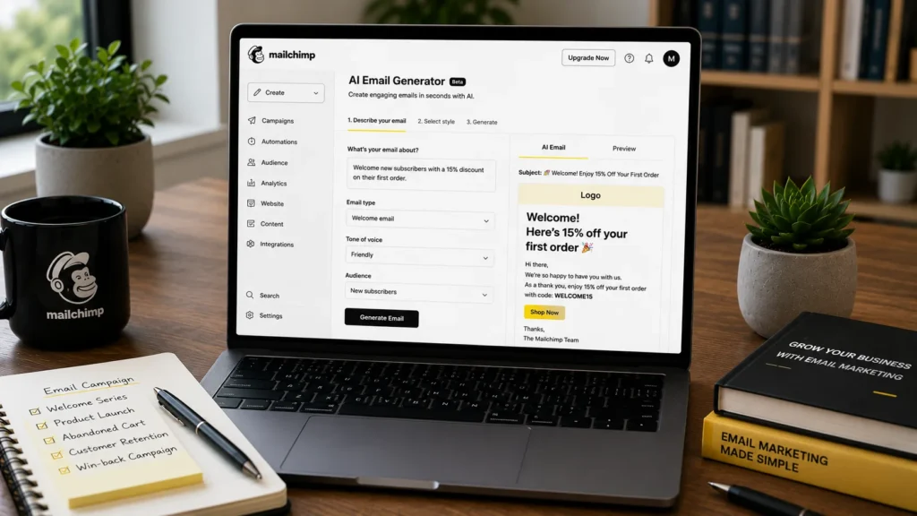 Mailchimp AI Email Generator creating professional email templates for marketing campaigns on a modern office workspace.