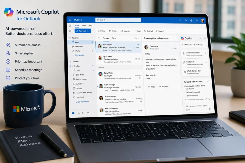 Modern workspace showing a Microsoft Copilot-inspired AI email manager with Outlook integration, smart email summaries, AI replies, and inbox organization.
