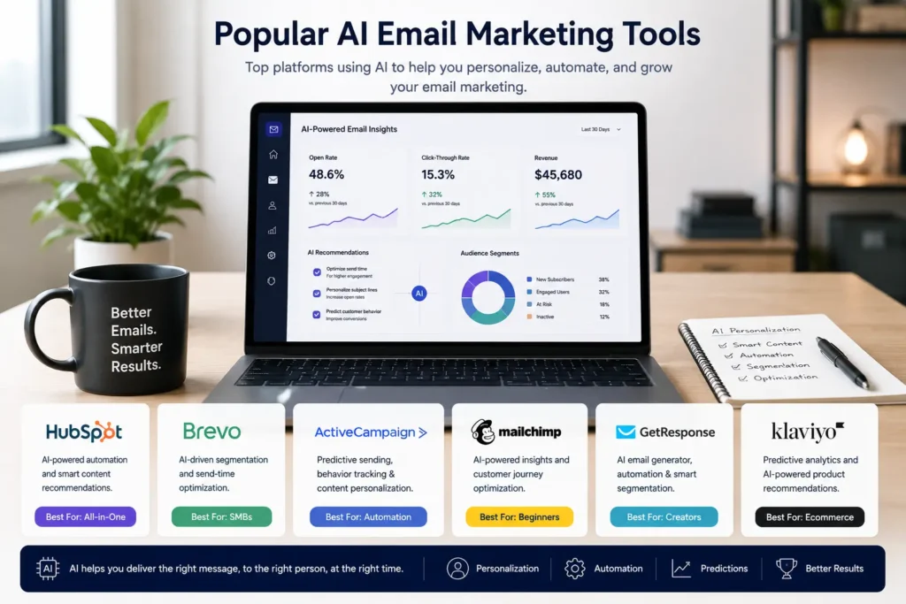 Modern workspace displaying leading AI email personalization tools, including HubSpot, Brevo, ActiveCampaign, Mailchimp, GetResponse, and Klaviyo.