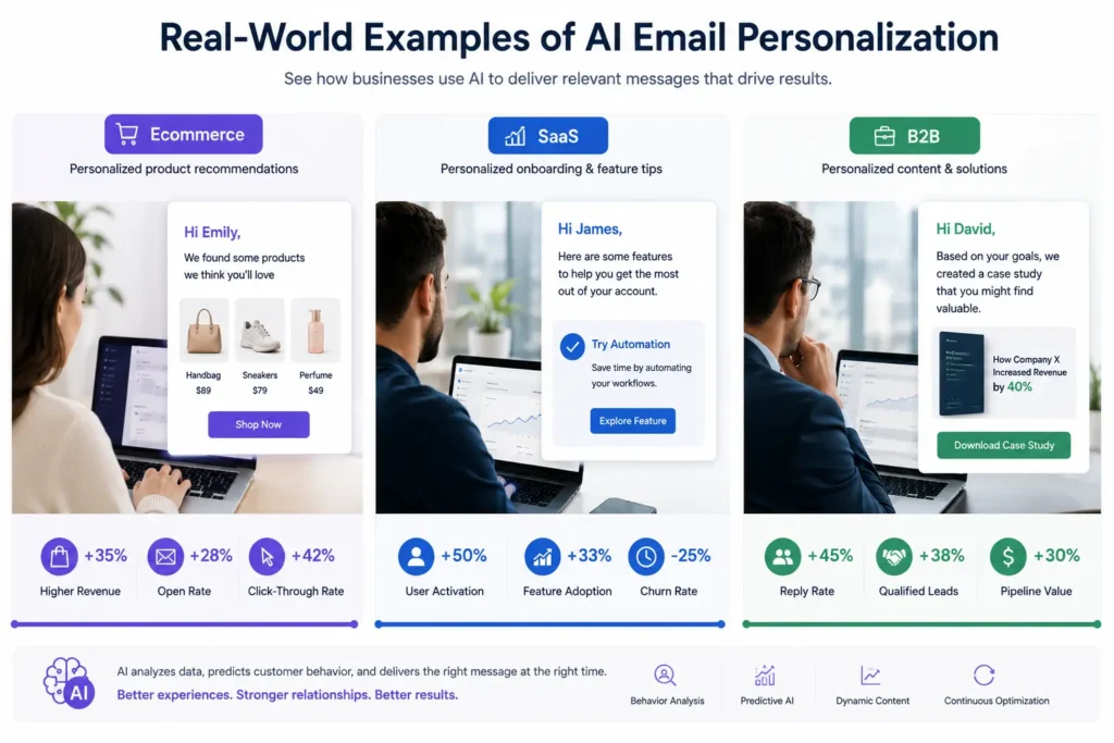Real-world examples of AI email personalization in ecommerce, SaaS, and B2B marketing using personalized email campaigns.