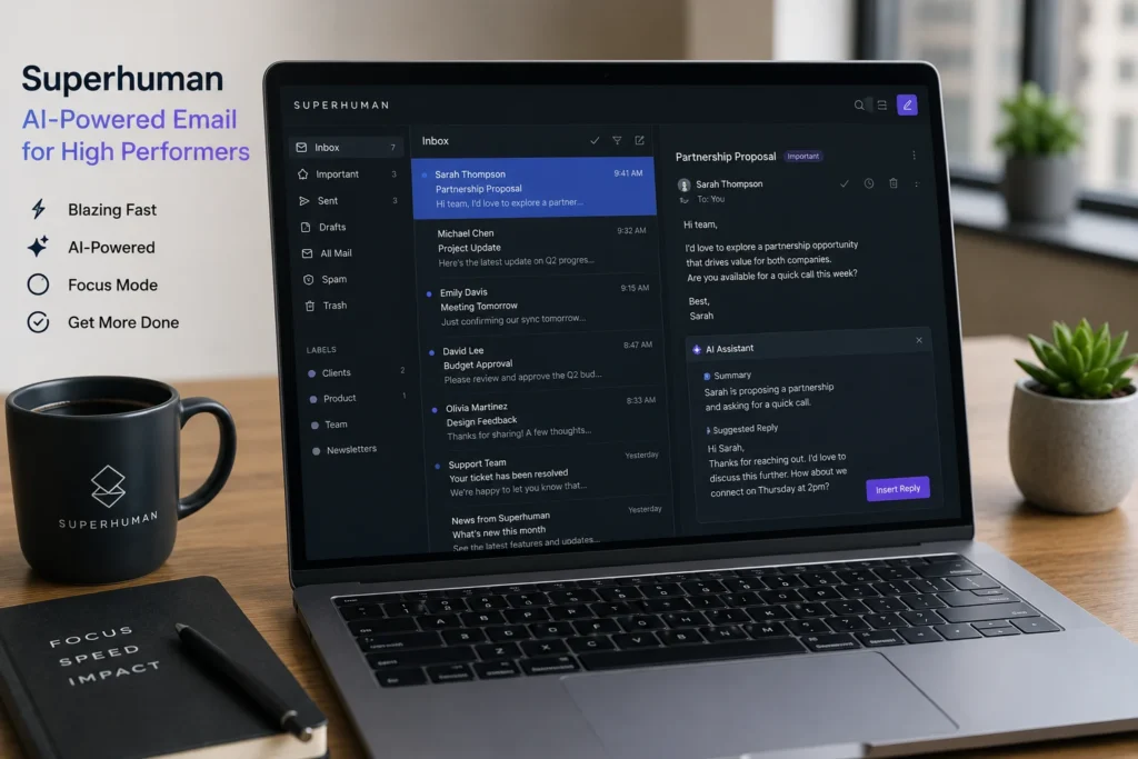 Modern workspace displaying a Superhuman-inspired AI email manager with smart inbox organization, AI summaries, and productivity-focused email management.
