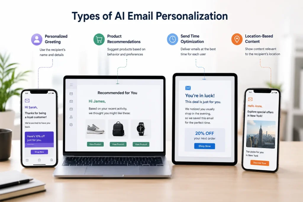 Examples of AI email personalization displayed across multiple devices, including personalized greetings, product recommendations, optimized send times, and location-based email content.