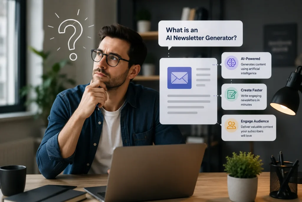 AI newsletter generator interface showing an AI assistant creating an email newsletter draft