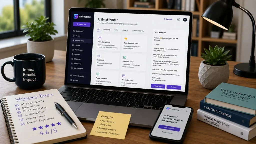 Writesonic AI creating professional email templates for marketing campaigns on a modern workspace with a clean desktop setup.