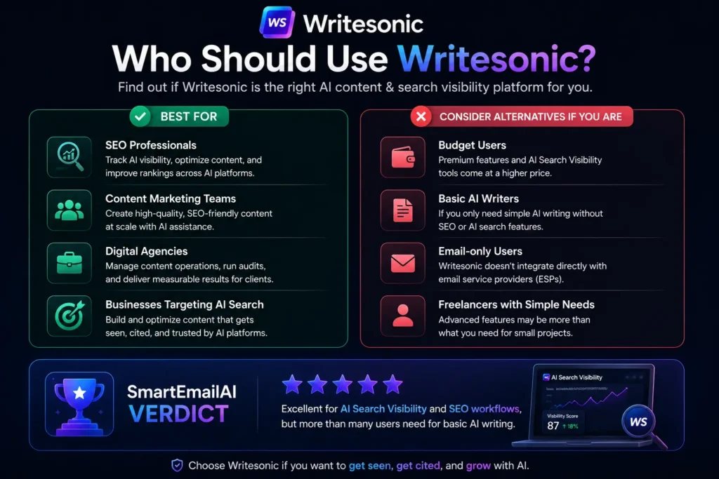 Writesonic infographic showing the ideal users for the platform, including SEO professionals, content marketing teams, digital agencies, and businesses focused on AI Search Visibility, alongside users who may prefer alternative AI writing tools.