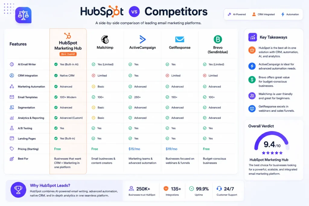 HubSpot vs competitors comparison chart showing HubSpot, Mailchimp, ActiveCampaign, GetResponse, and Brevo across AI email writing, CRM integration, marketing automation, analytics, pricing, and overall features.