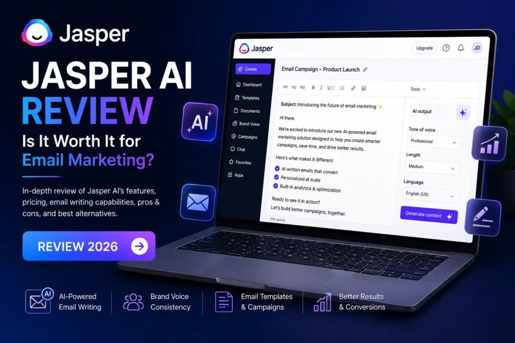 Jasper AI Email Writer Review 2026 hero image featuring the official Jasper logo, AI email writing dashboard, email campaign editor, and AI-powered email marketing workspace.