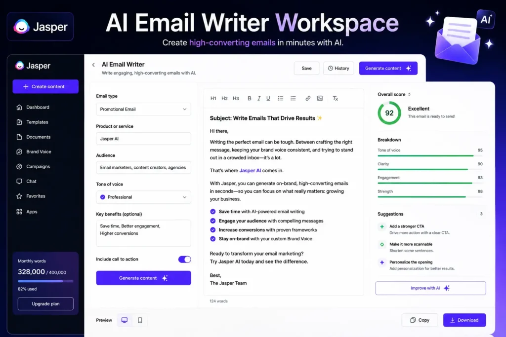 Jasper AI email writer workspace showing the AI editor, Brand Voice settings, email generation tools, templates, and marketing copy creation interface.