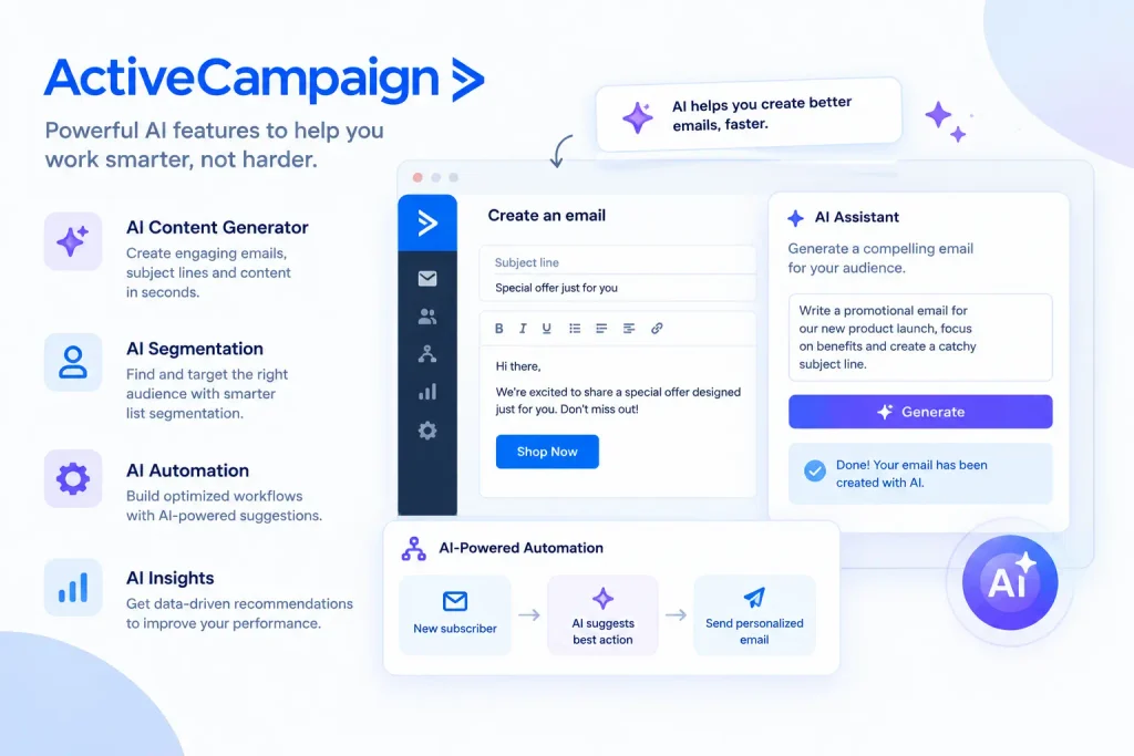 ActiveCampaign AI features showing AI email content generation, audience segmentation, automation, and performance insights