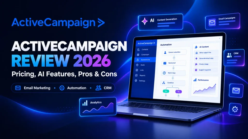 ActiveCampaign review 2026 showing email marketing automation, AI features, and CRM dashboard